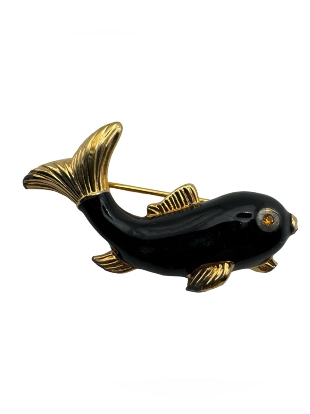 Vintage Swarovski Black Enamel Koi Fish Brooch Gold Tone Amber Crystal Eye